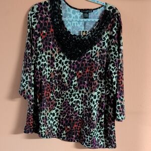 Cato Vibrant Leopard Print Blouse with Beaded Neckline